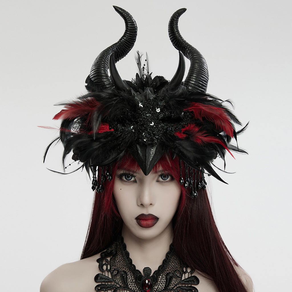 PUNK RAVE Women's Gothic Feather Beaded Horned Headwear