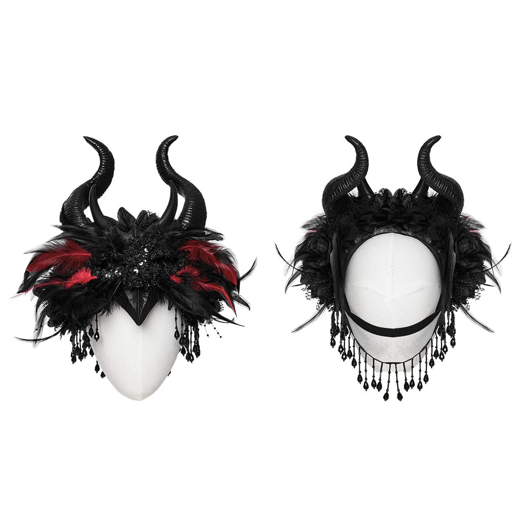 PUNK RAVE Women's Gothic Feather Beaded Horned Headwear