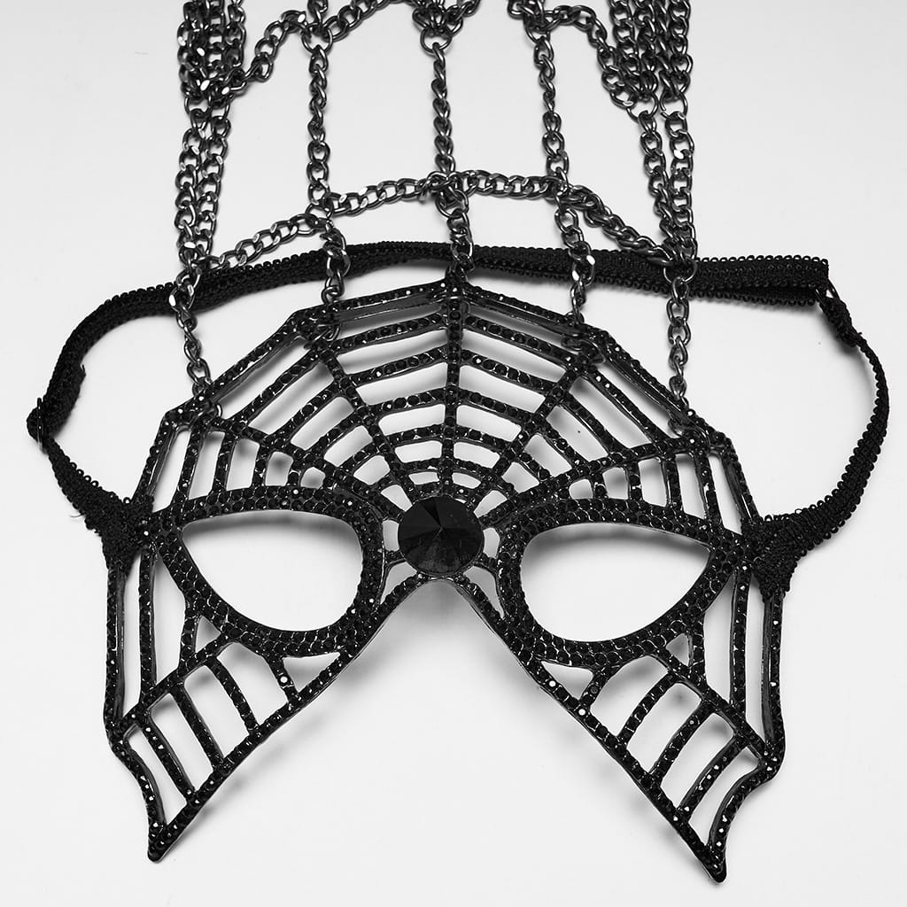 PUNK RAVE Women's Gothic Feather Chain Cobweb Masquerade Mask Black