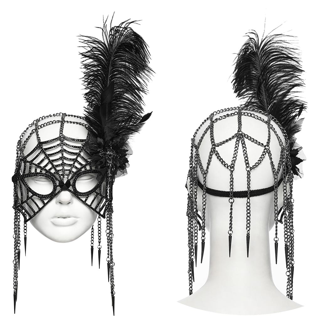 PUNK RAVE Women's Gothic Feather Chain Cobweb Masquerade Mask Black