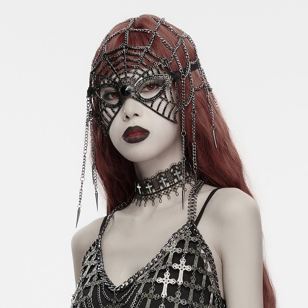 PUNK RAVE Women's Gothic Feather Chain Cobweb Masquerade Mask Black