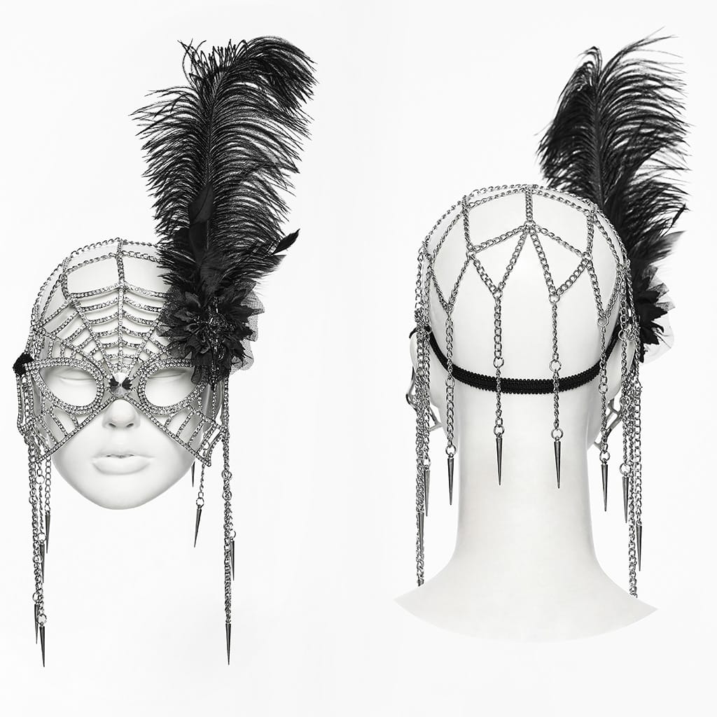 PUNK RAVE Women's Gothic Feather Chain Cobweb Masquerade Mask Silver