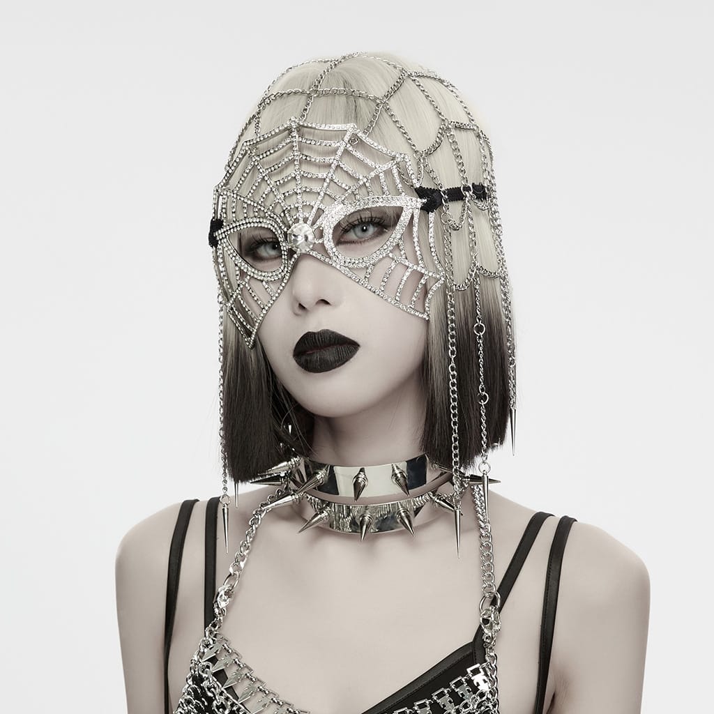 PUNK RAVE Women's Gothic Feather Chain Cobweb Masquerade Mask Silver