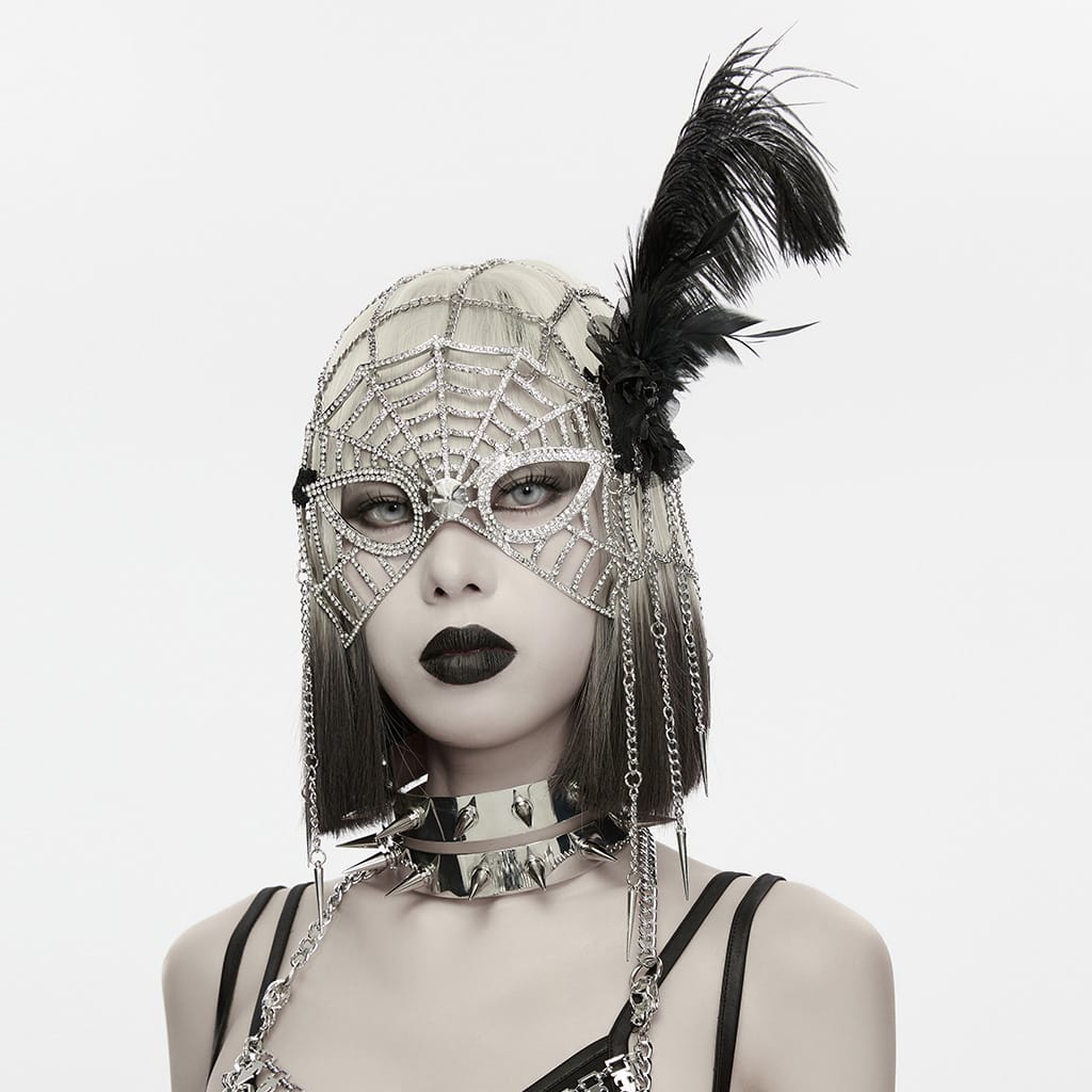 PUNK RAVE Women's Gothic Feather Chain Cobweb Masquerade Mask Silver