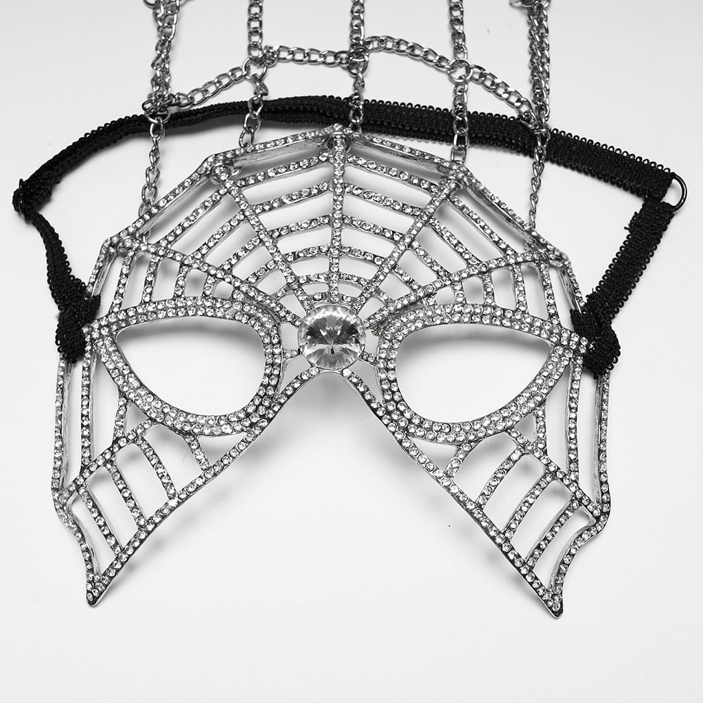 PUNK RAVE Women's Gothic Feather Chain Cobweb Masquerade Mask Silver