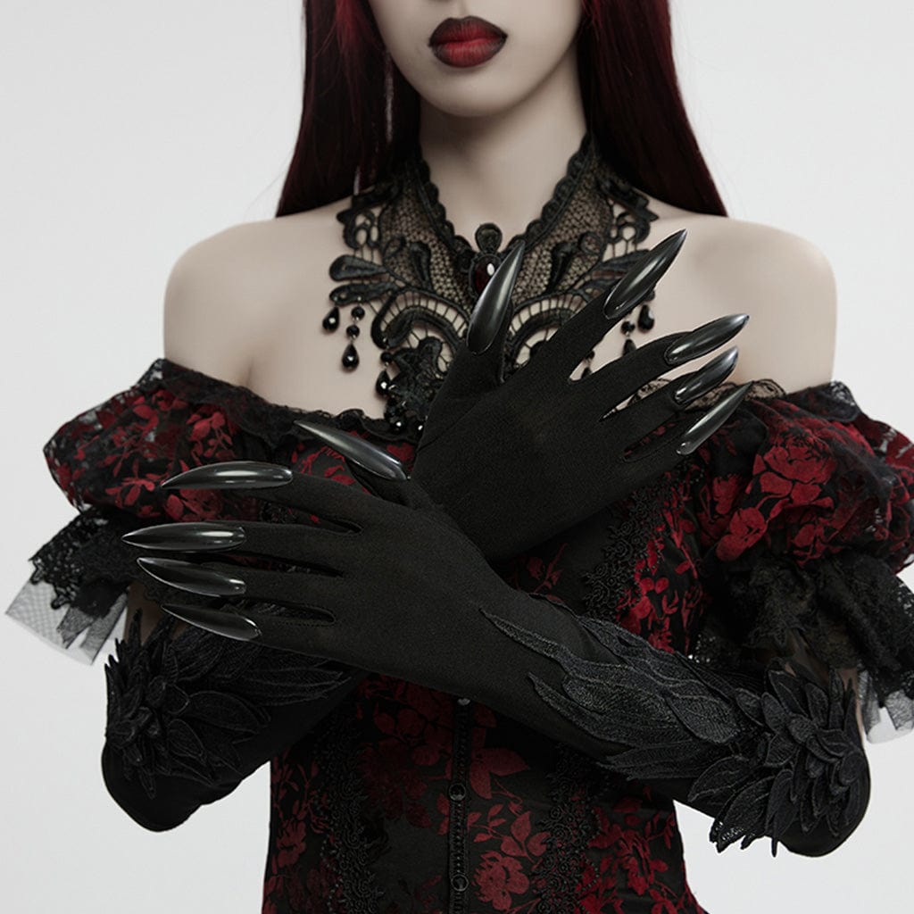 PUNK RAVE Women's Gothic Feather Embroidered Witchy Gloves