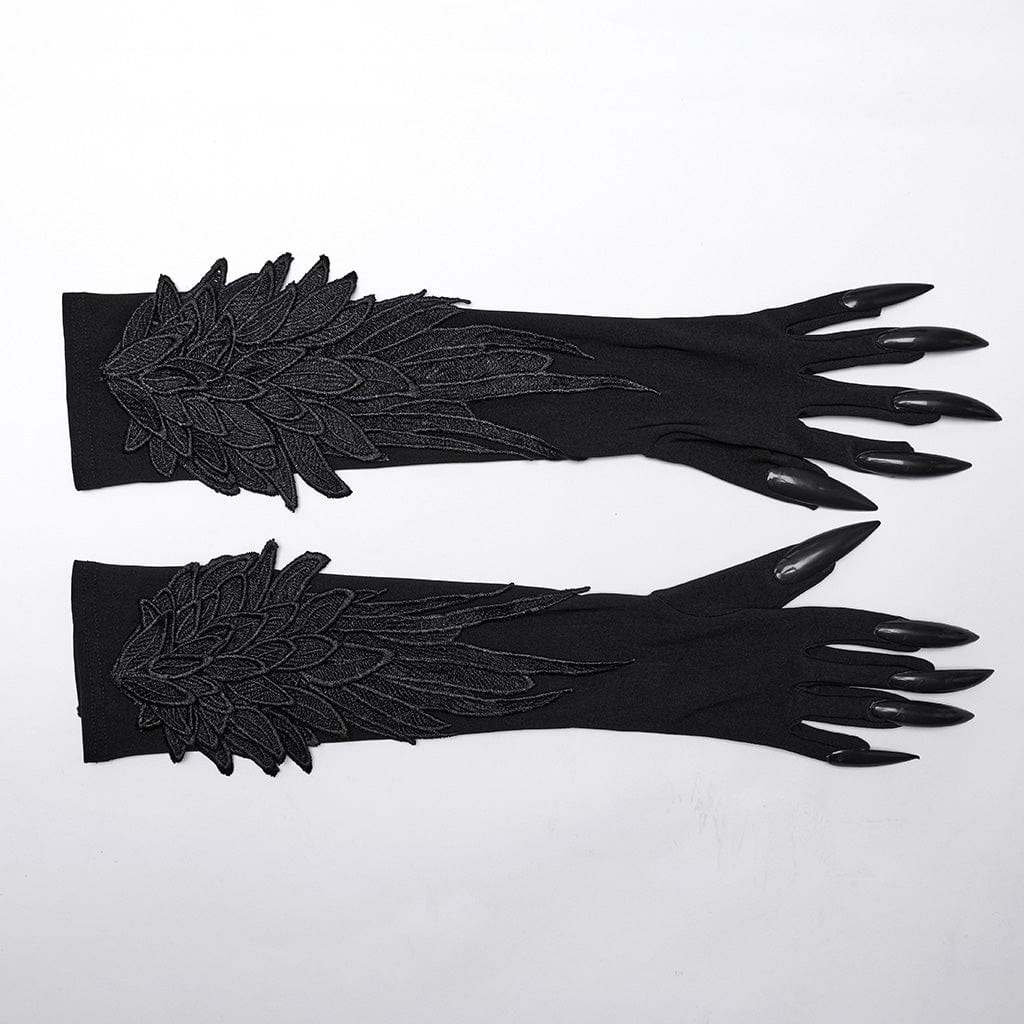 PUNK RAVE Women's Gothic Feather Embroidered Witchy Gloves