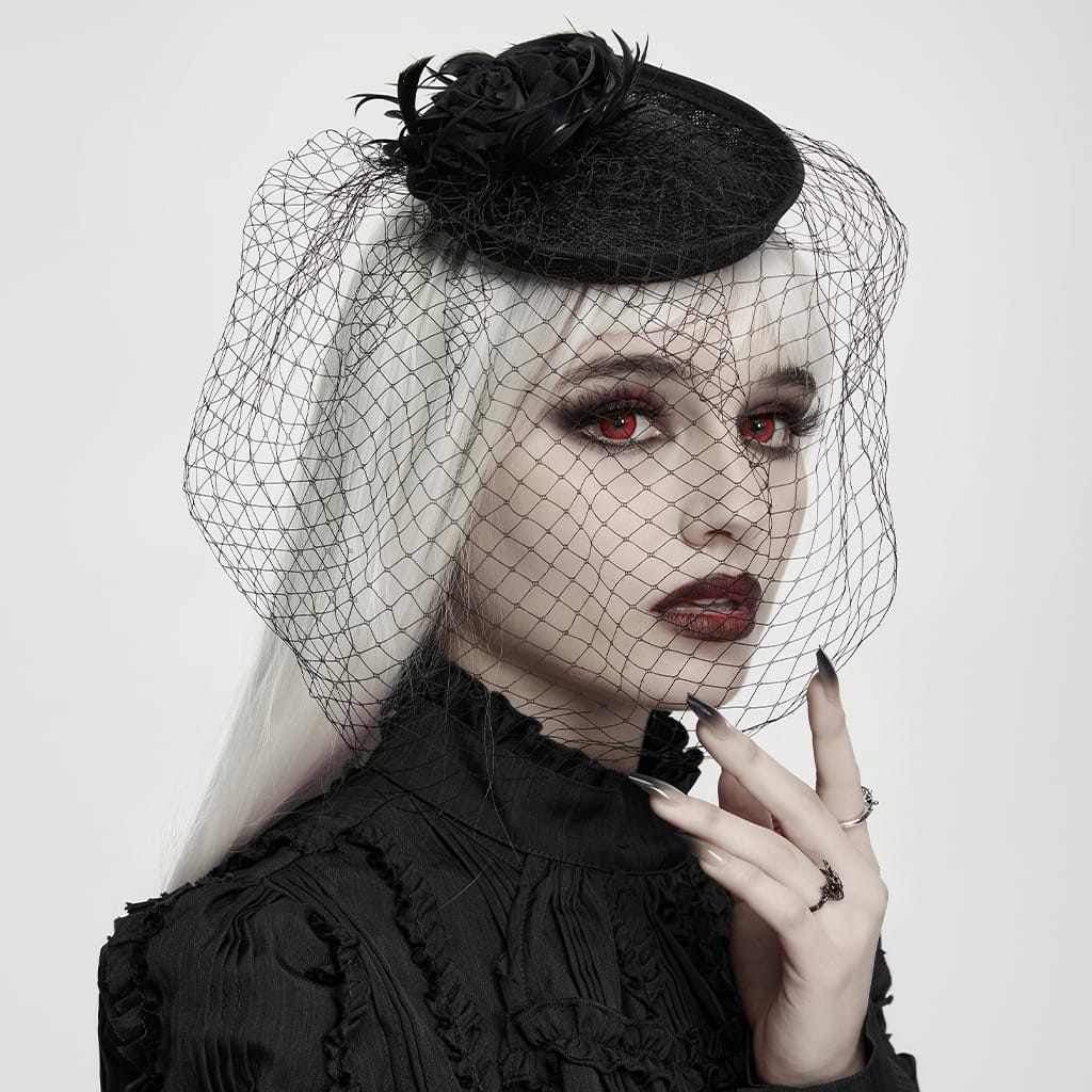 PUNK RAVE Women's Gothic Feather Rose Birdcage Veil Fascinator Hat Black