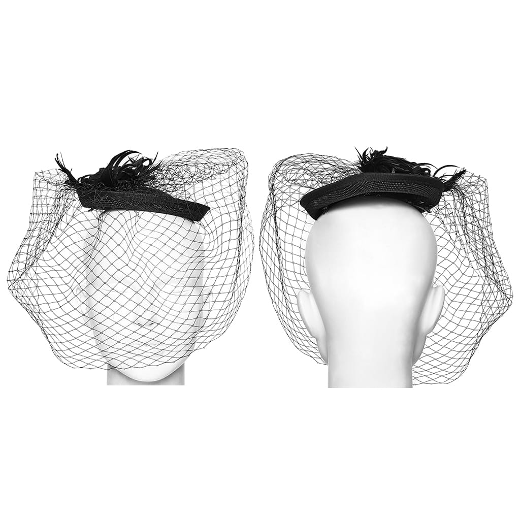 PUNK RAVE Women's Gothic Feather Rose Birdcage Veil Fascinator Hat Black