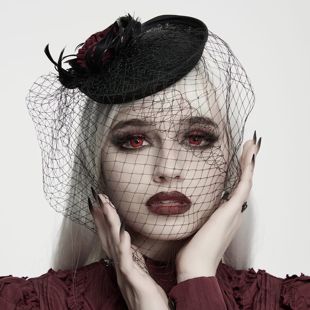PUNK RAVE Women's Gothic Feather Rose Birdcage Veil Fascinator Hat Black-Red