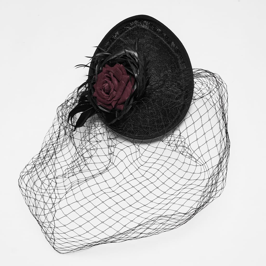 PUNK RAVE Women's Gothic Feather Rose Birdcage Veil Fascinator Hat Black-Red