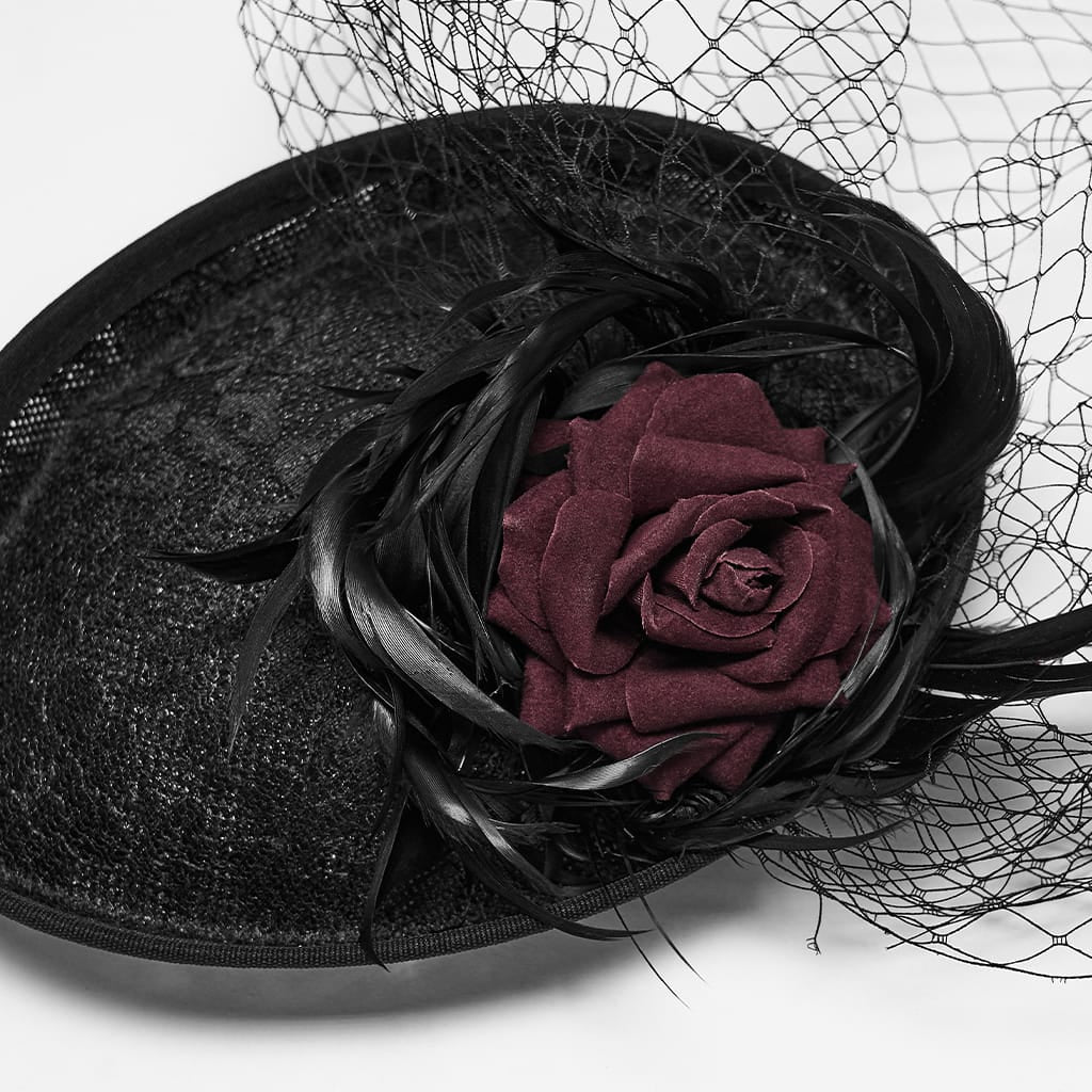 PUNK RAVE Women's Gothic Feather Rose Birdcage Veil Fascinator Hat Black-Red