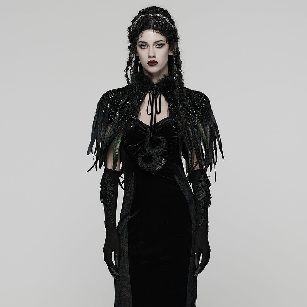 PUNK RAVE Women's Gothic Feathered Short Cape