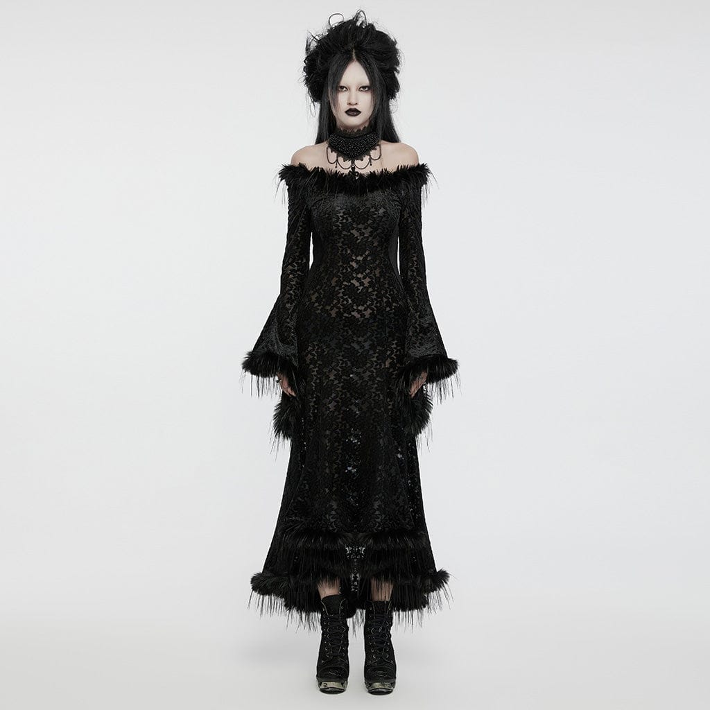 PUNK RAVE Women's Gothic Flared Sleeved Faux Fur Splice Flocked Mesh Witch Dress