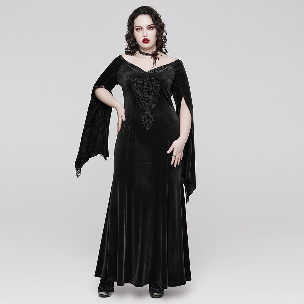 PUNK RAVE Women's Gothic Flared Sleeved Floral Embroidered Velvet Dress