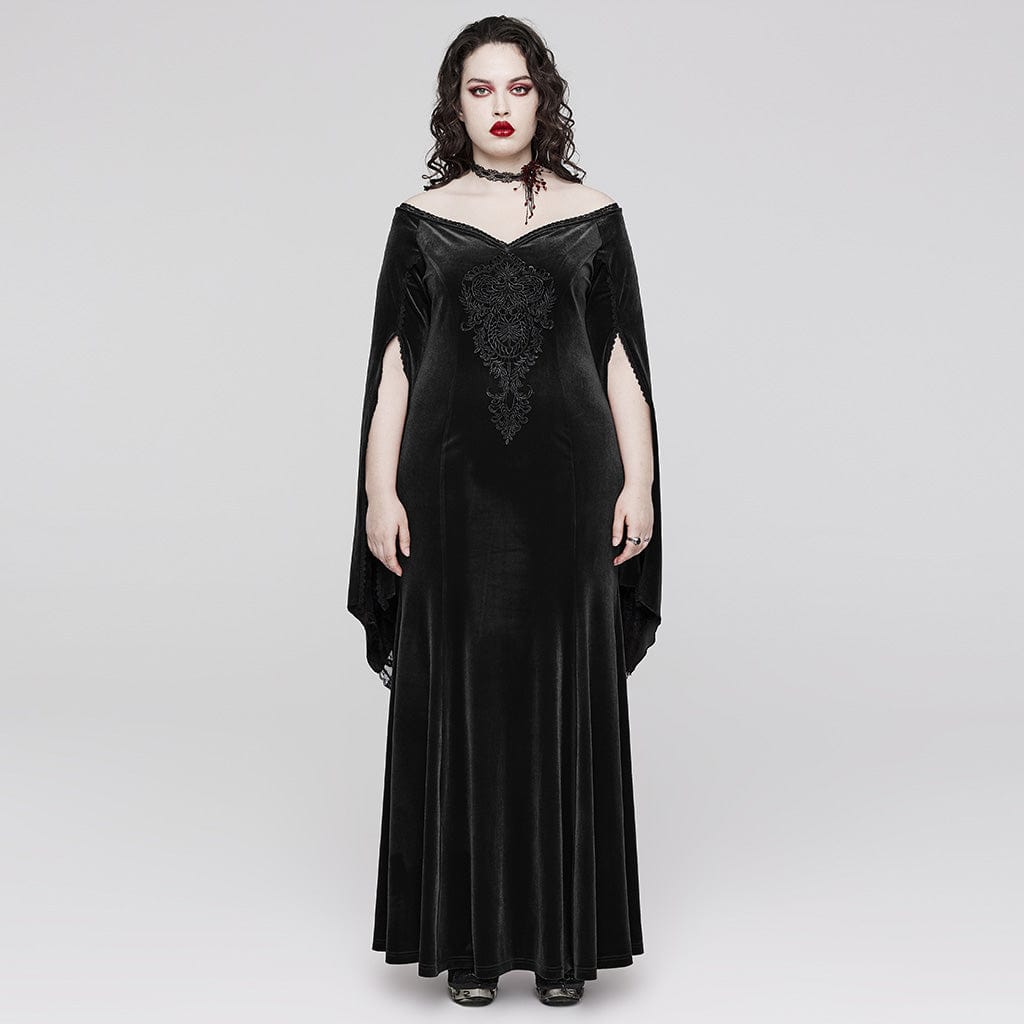 PUNK RAVE Women's Gothic Flared Sleeved Floral Embroidered Velvet Dress