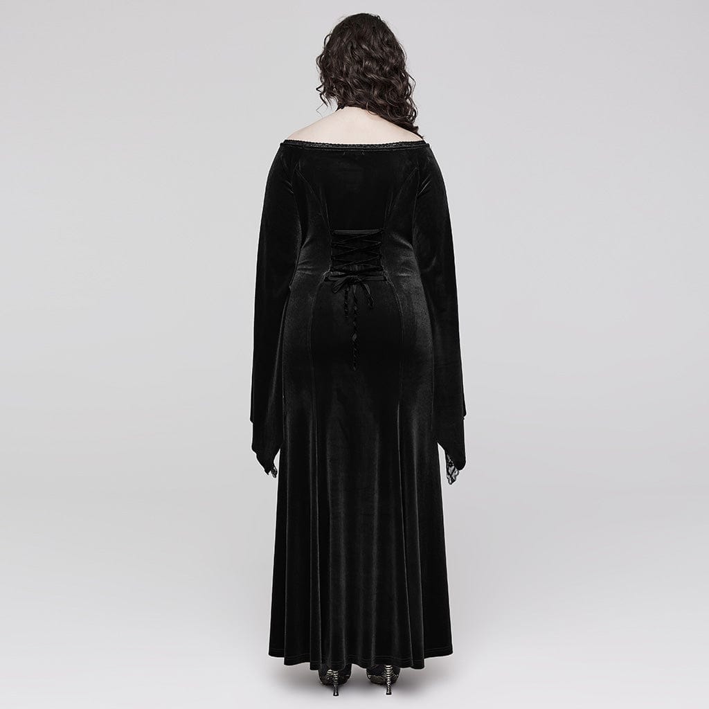 PUNK RAVE Women's Gothic Flared Sleeved Floral Embroidered Velvet Dress