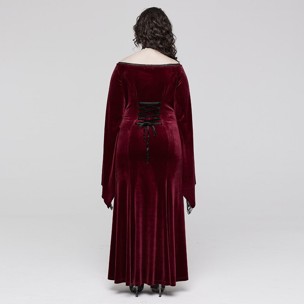 PUNK RAVE Women's Gothic Flared Sleeved Floral Embroidered Velvet Dress