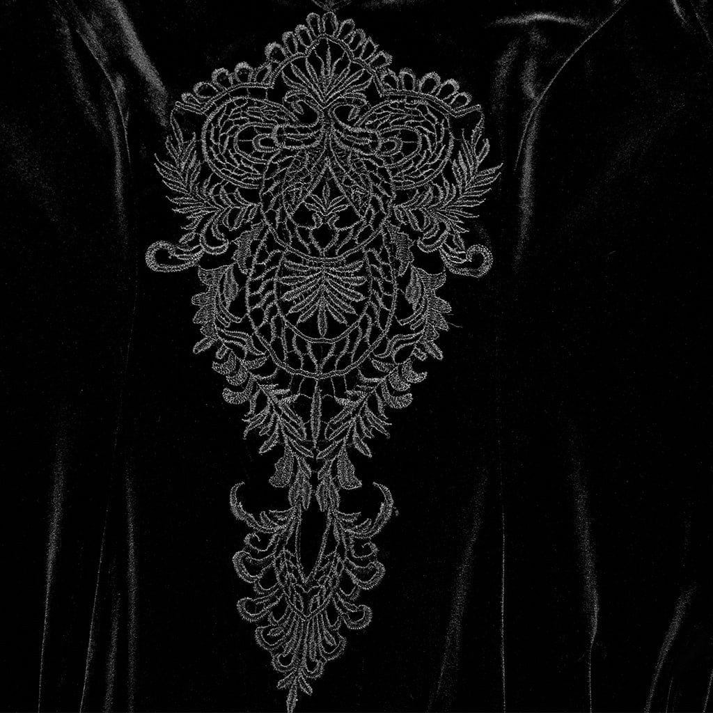 PUNK RAVE Women's Gothic Flared Sleeved Floral Embroidered Velvet Dress