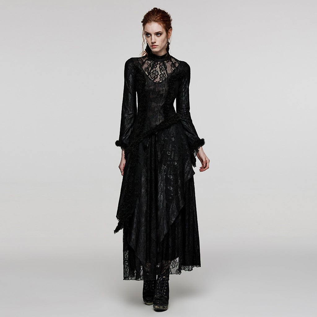 PUNK RAVE Women's Gothic Flared Sleeved Mesh Splice Lace Dress