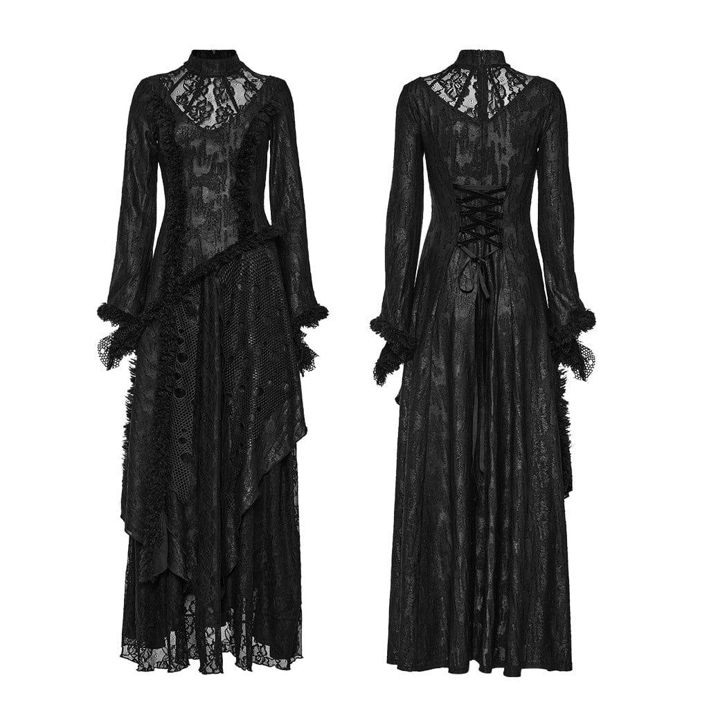 PUNK RAVE Women's Gothic Flared Sleeved Mesh Splice Lace Dress