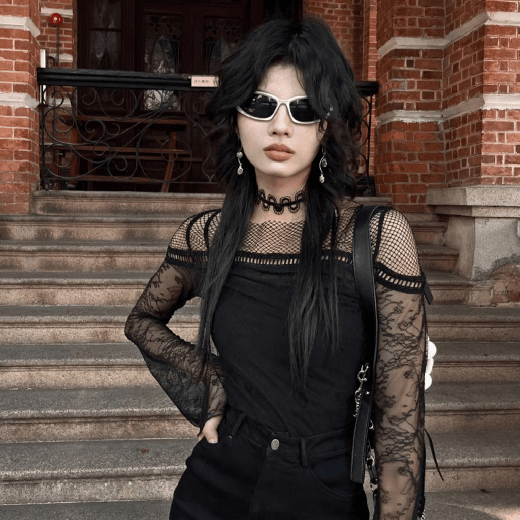 PUNK RAVE Women's Gothic Flared Sleeved Mesh Splice Lace Shirt