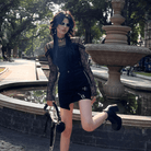 PUNK RAVE Women's Gothic Flared Sleeved Mesh Splice Lace Shirt