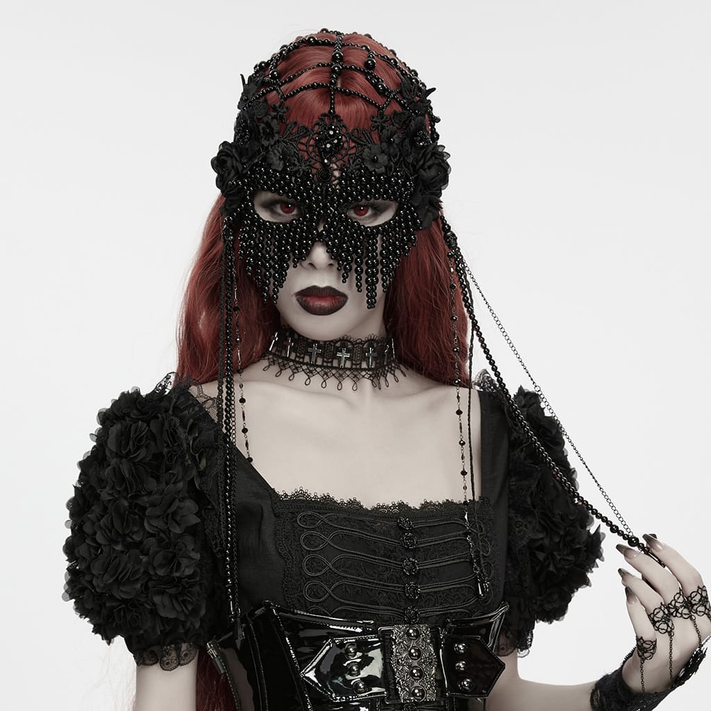 PUNK RAVE Women's Gothic Floral Beaded Chain Mask