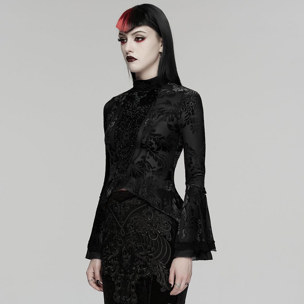 PUNK RAVE Women's Gothic Floral Beaded Flared Sleeved Top