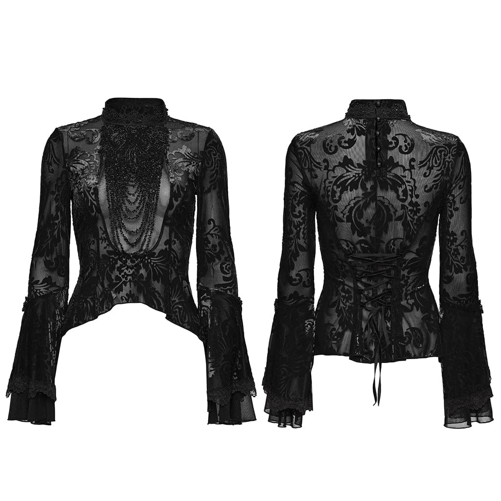 PUNK RAVE Women's Gothic Floral Beaded Flared Sleeved Top