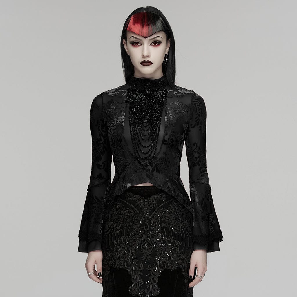 PUNK RAVE Women's Gothic Floral Beaded Flared Sleeved Top