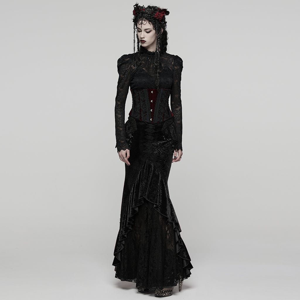 PUNK RAVE Women's Gothic Floral Beaded Irregular Hem Fishtail Skirt Black