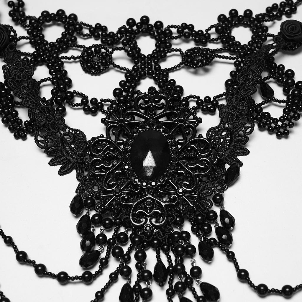 PUNK RAVE Women's Gothic Floral Crochet Beaded Necklace