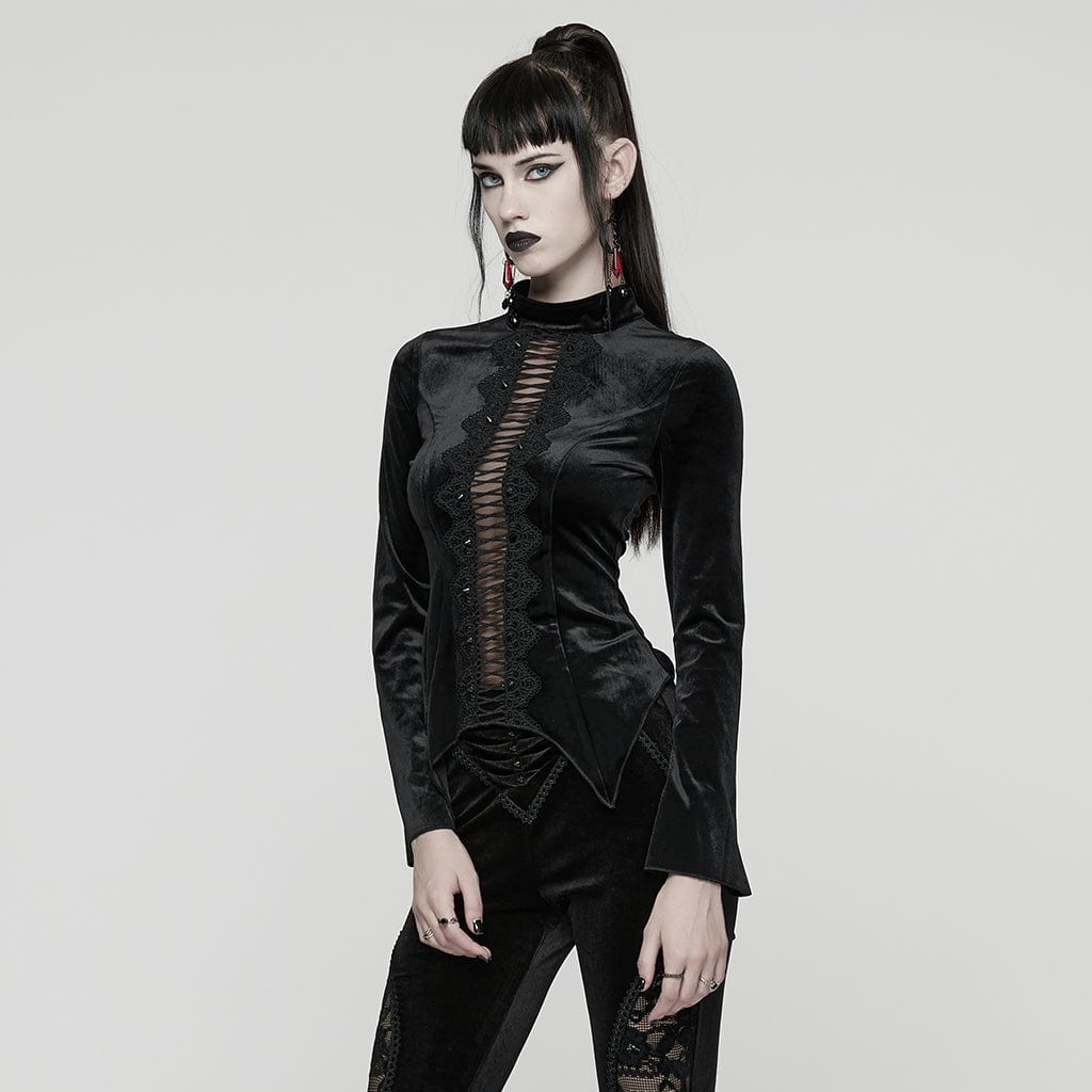 PUNK RAVE Women's Gothic Floral Crochet Cutout Velvet Long Sleeved Top