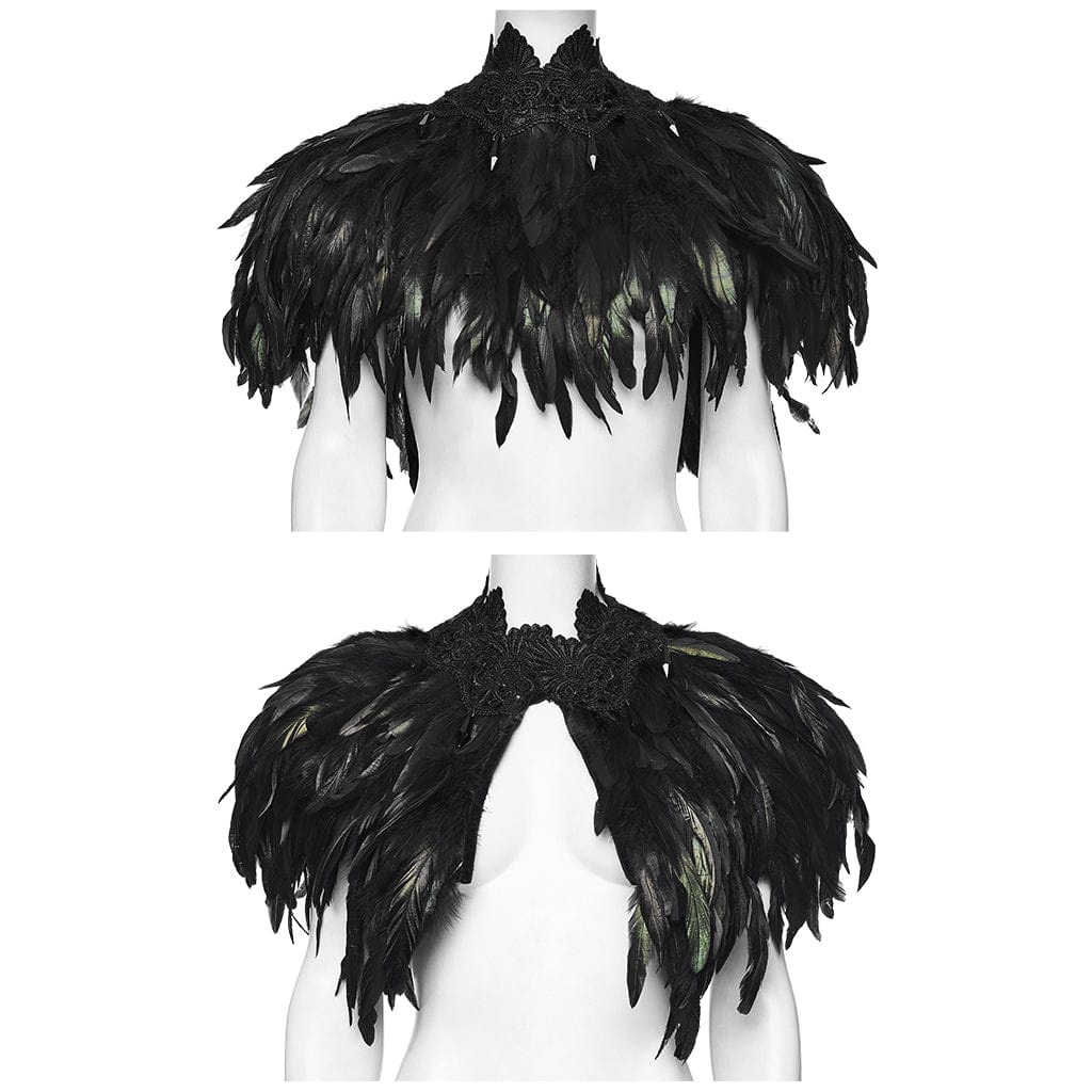 PUNK RAVE Women's Gothic Floral Crochet Feather Cape Black