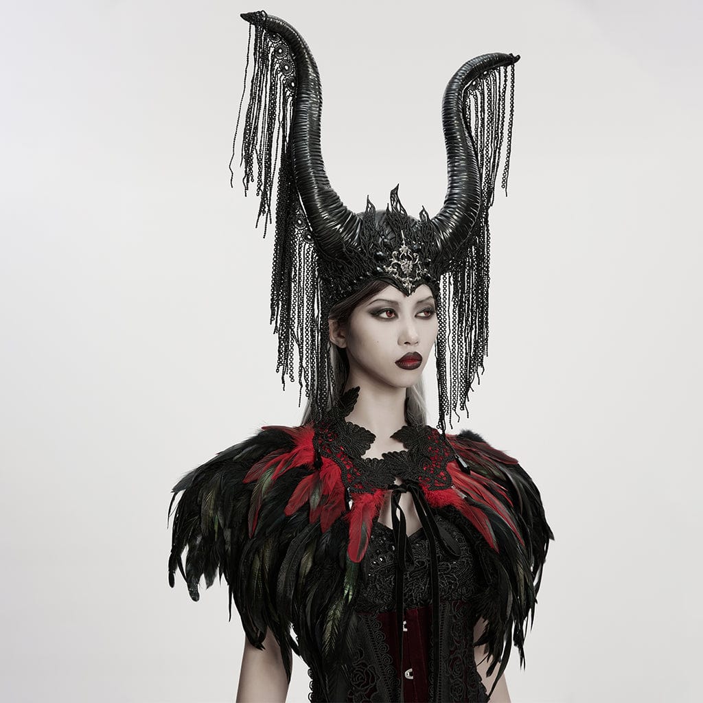 PUNK RAVE Women's Gothic Floral Crochet Feather Cape Black-Red