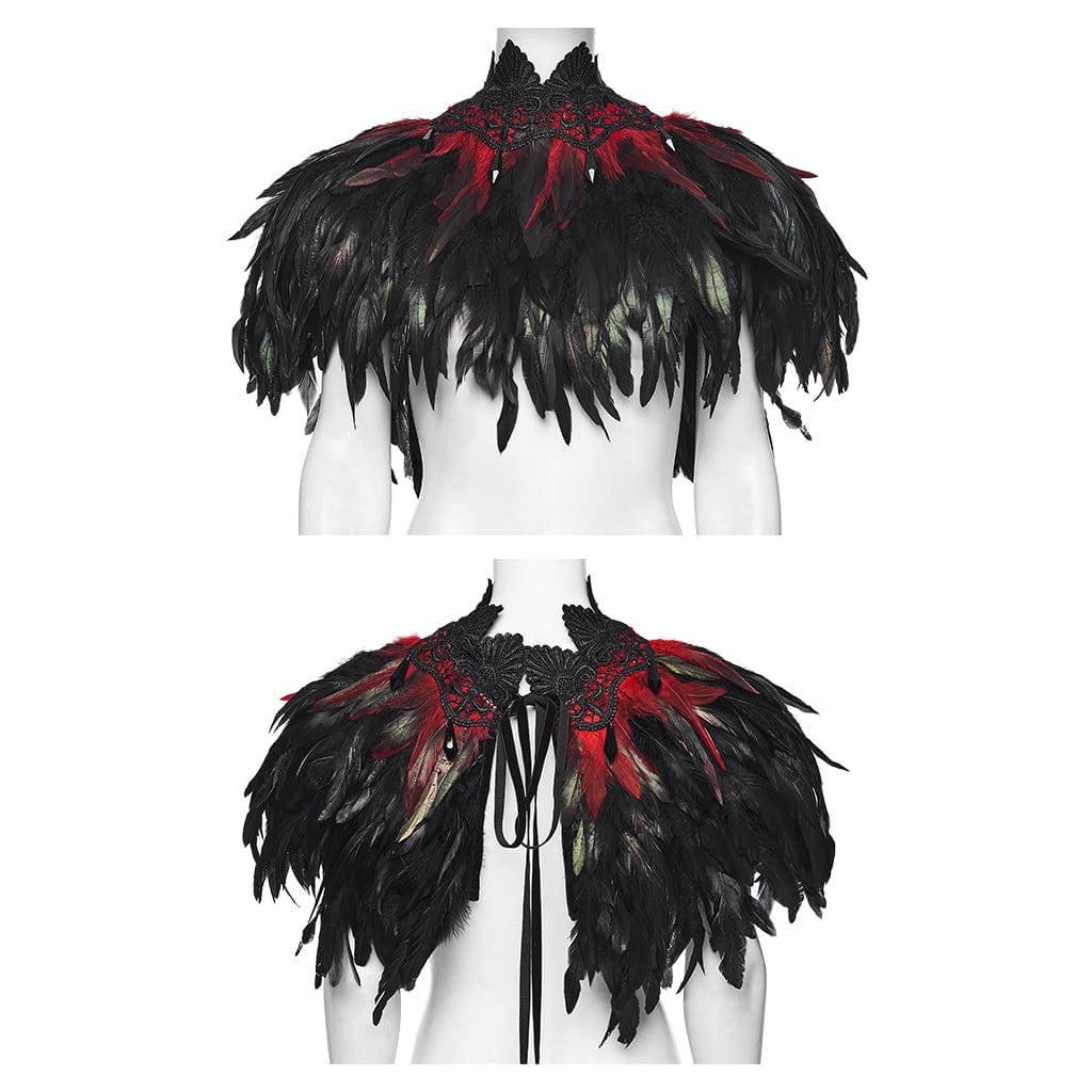 PUNK RAVE Women's Gothic Floral Crochet Feather Cape Black-Red