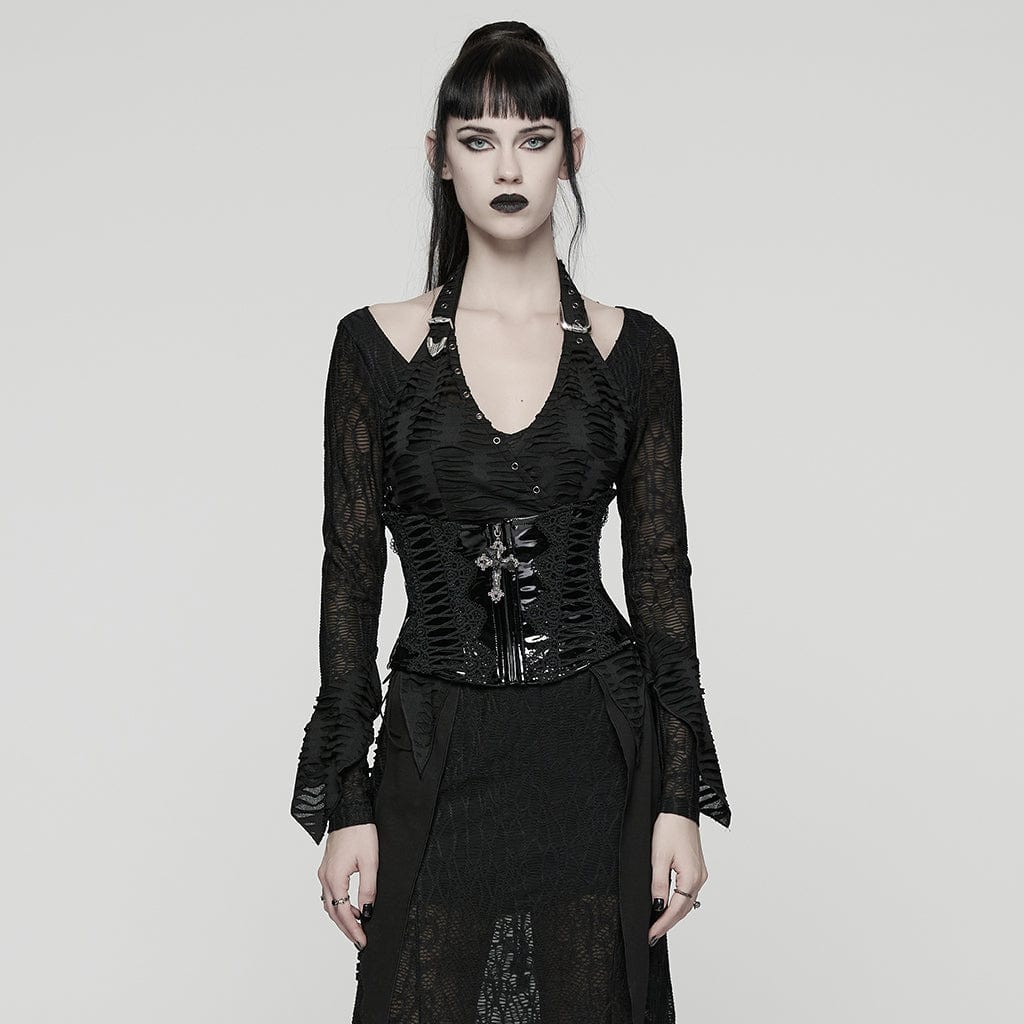 PUNK RAVE Women's Gothic Floral Crochet Lace-up Faux Leather Girdle