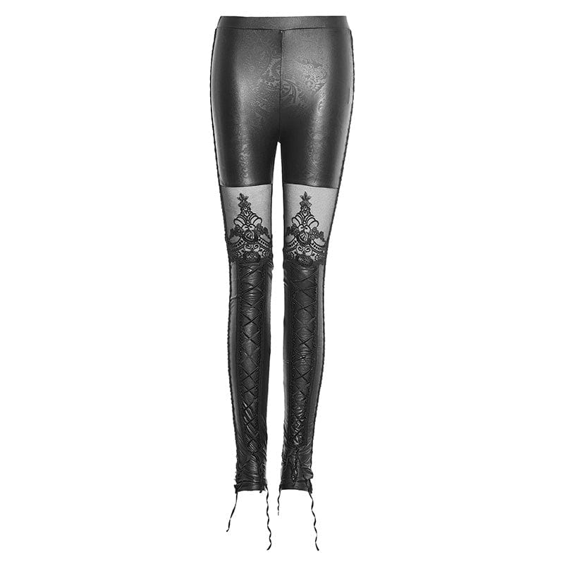 PUNK RAVE Women's Gothic Floral Crocheted Lace-up Faux Leather Leggings