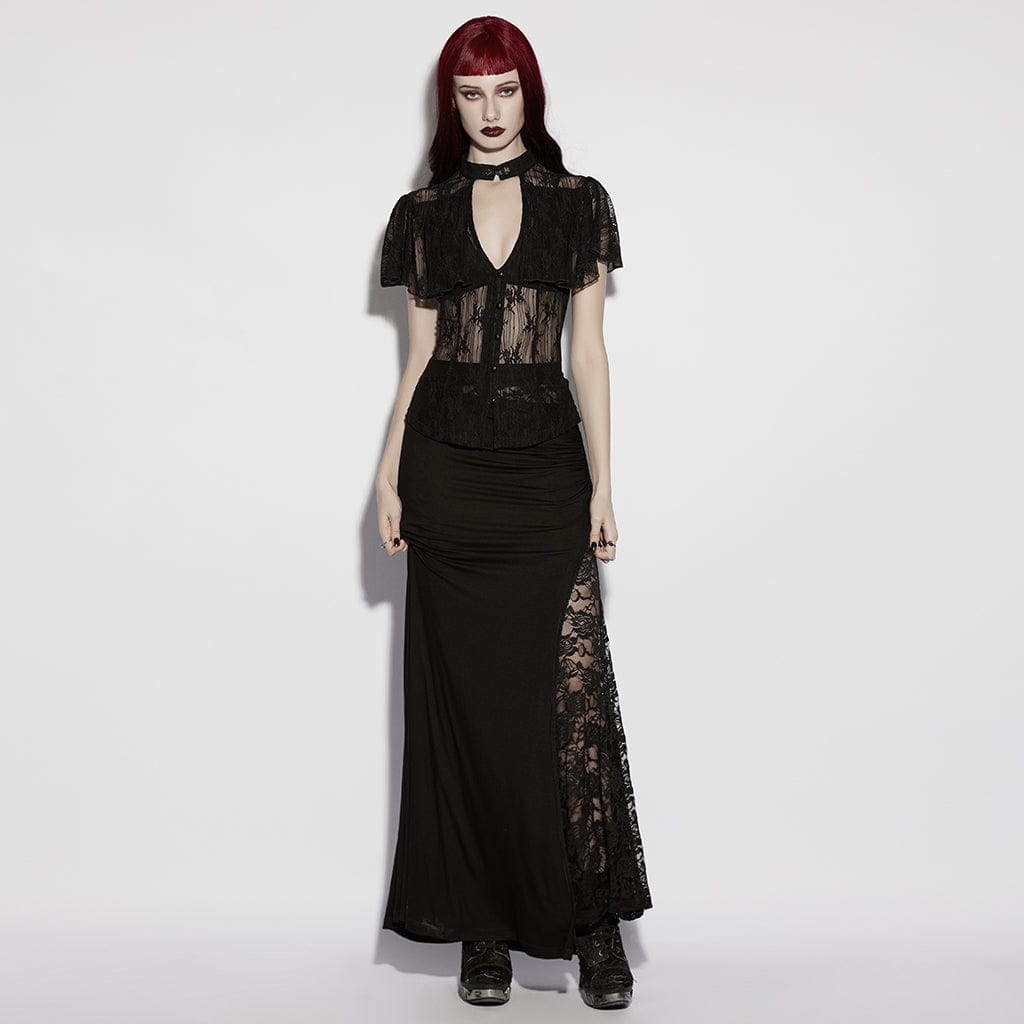 PUNK RAVE Women's Gothic Floral Cutout Lace Shirt