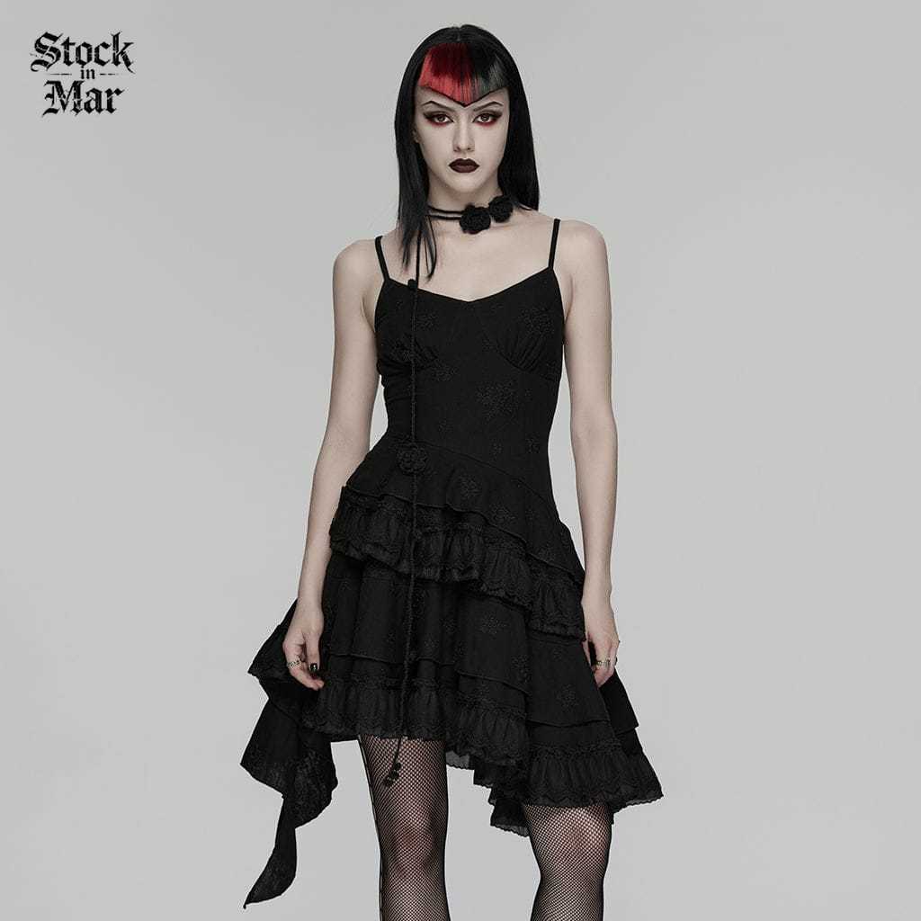 PUNK RAVE Women's Gothic Floral Embroidered Asymmetric Slip Dress