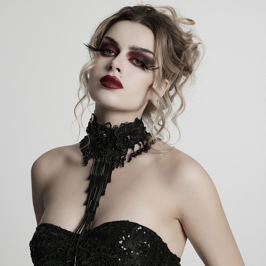 PUNK RAVE Women's Gothic Floral Embroidered Beaded Tassel Necklace