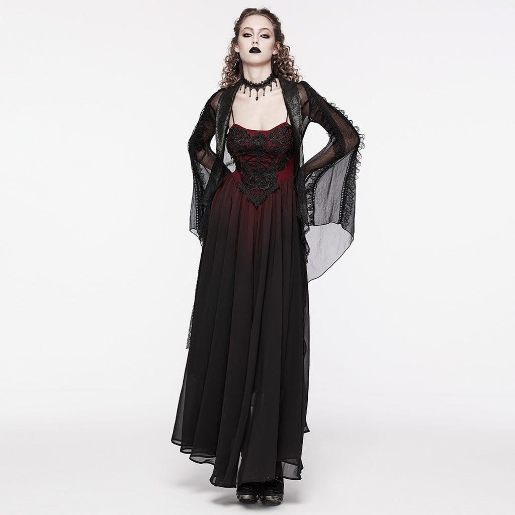 PUNK RAVE Women's Gothic Floral Embroidered Color Gradient Slip Dress