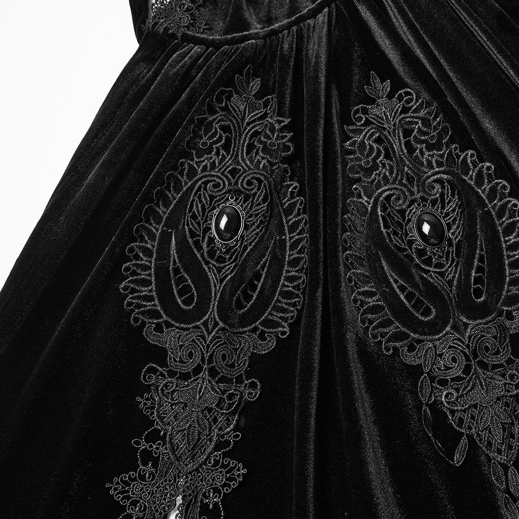 PUNK RAVE Women's Gothic Floral Embroidered Diamante Velvet Cloak Black