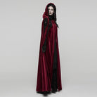 PUNK RAVE Women's Gothic Floral Embroidered Diamante Velvet Cloak Red