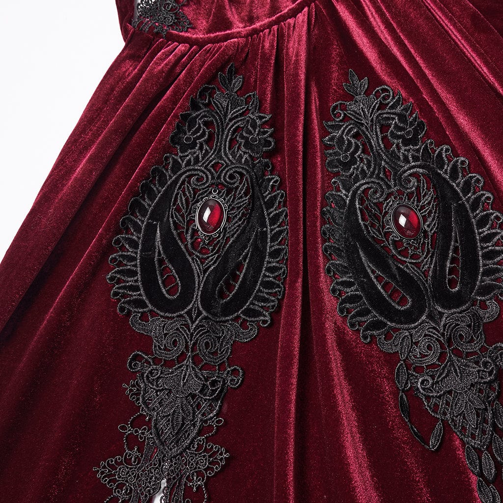 PUNK RAVE Women's Gothic Floral Embroidered Diamante Velvet Cloak Red