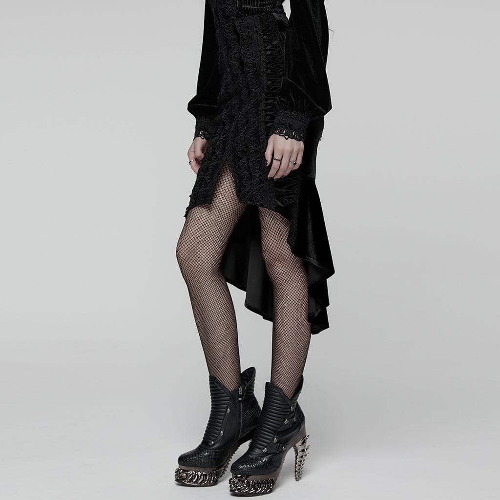 PUNK RAVE Women's Gothic Floral Embroidered Irregular Fishtail Skirt Black