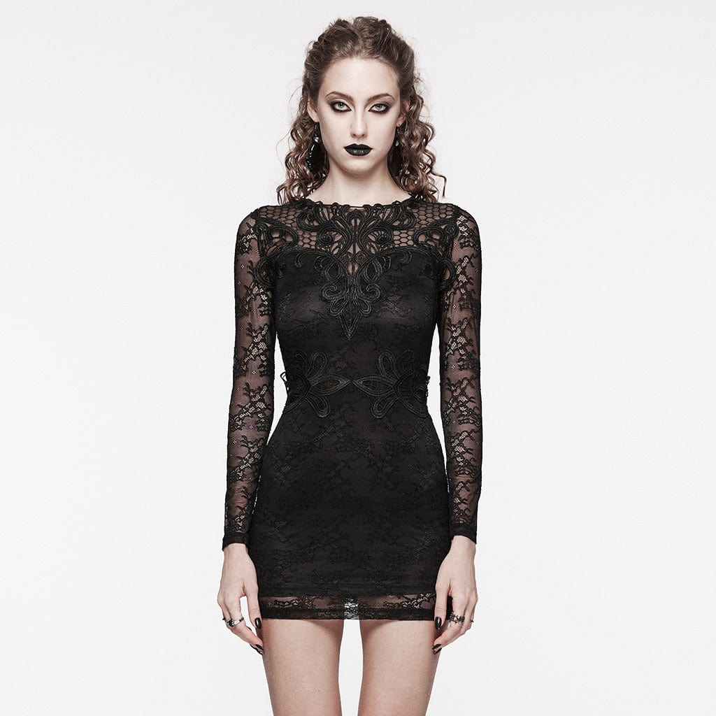 PUNK RAVE Women's Gothic Floral Embroidered Lace Dress