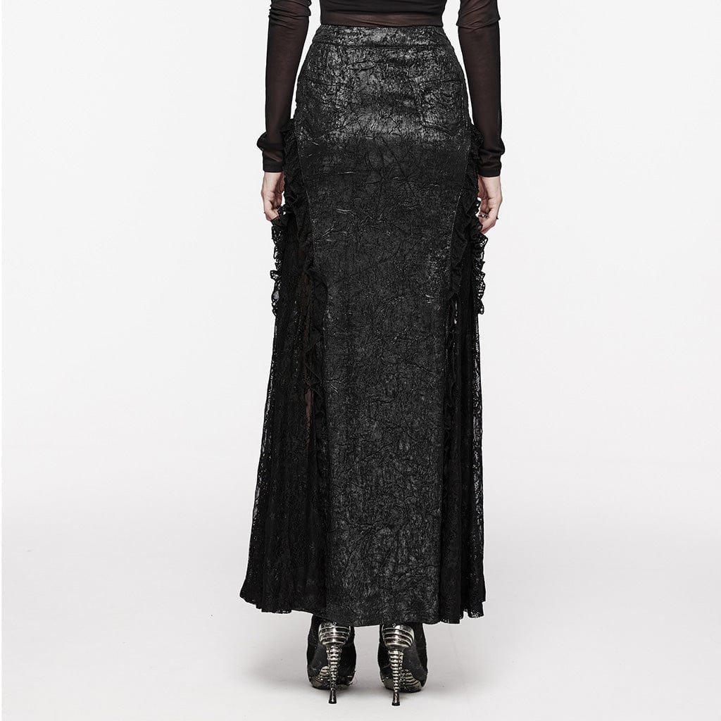 PUNK RAVE Women's Gothic Floral Embroidered Lace Splice Skirt Black
