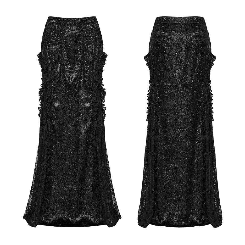 PUNK RAVE Women's Gothic Floral Embroidered Lace Splice Skirt Black